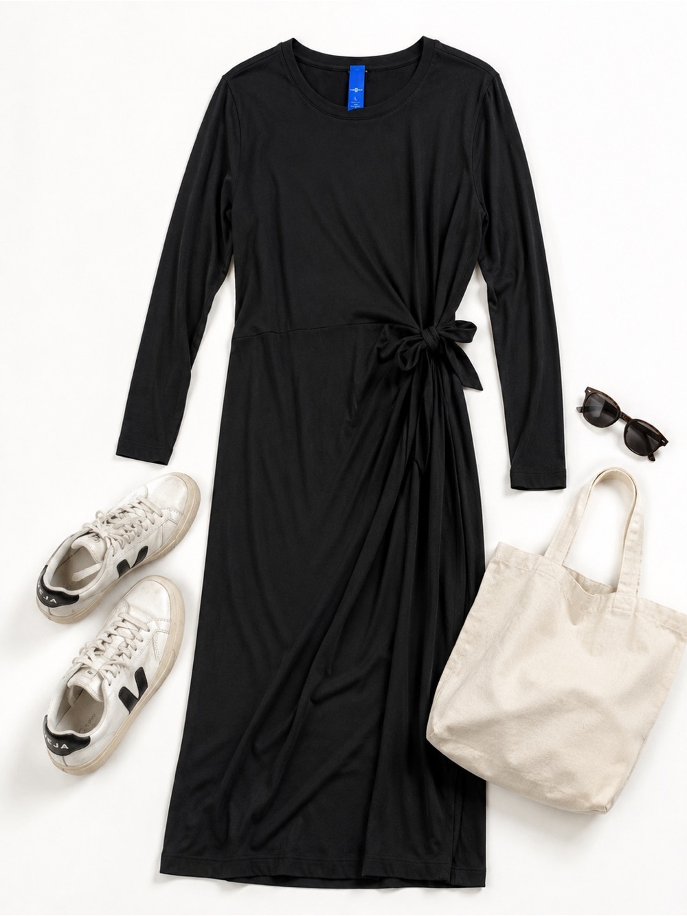 Kit and Ace Black Long Sleeve Wrap Midi Dress Side Tie Stretch Knit Size L